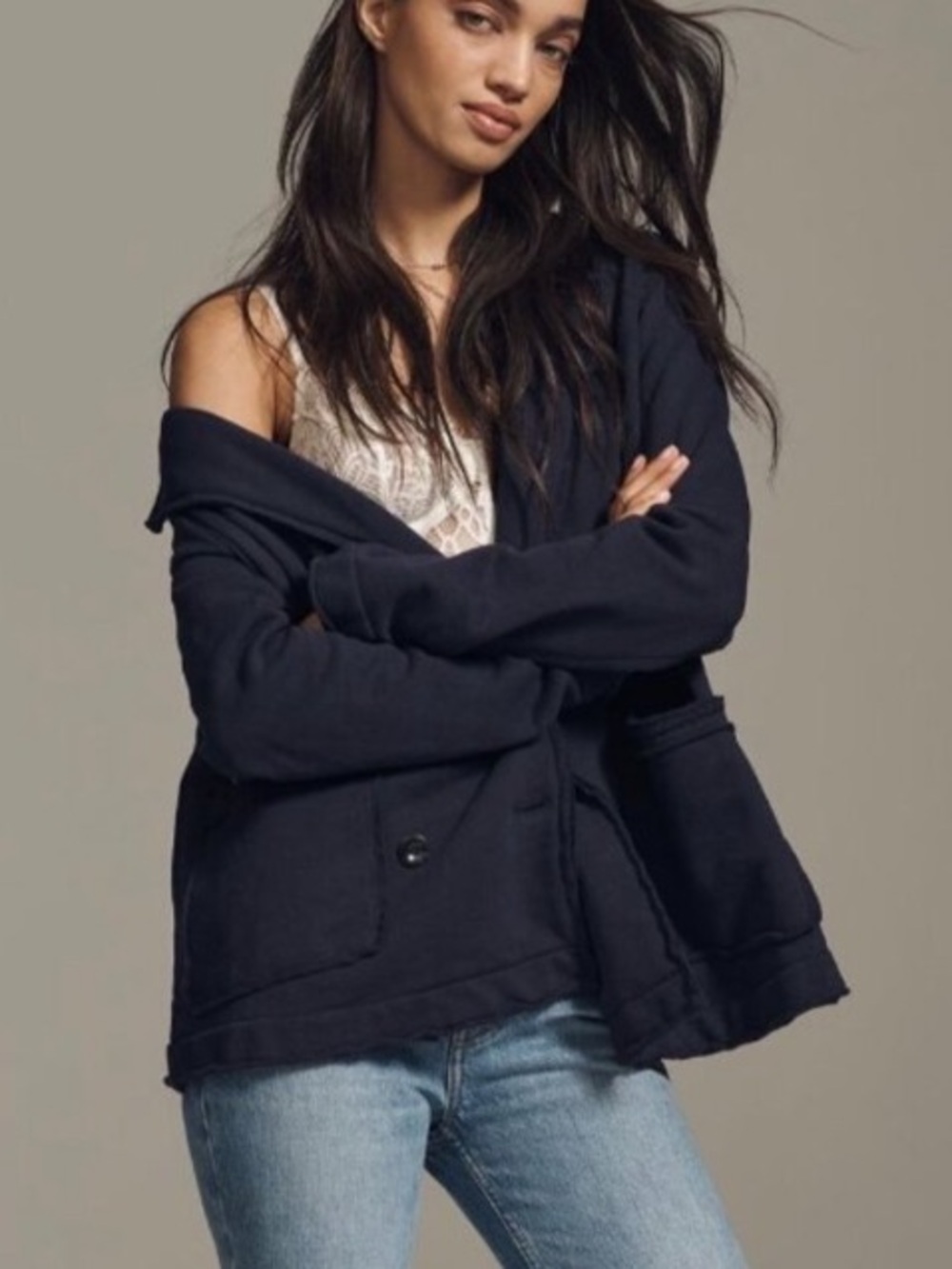 Oversize Pilcro Anthropologie Knit Peacoat Navy Button-Front Cardigan Raw Jacket